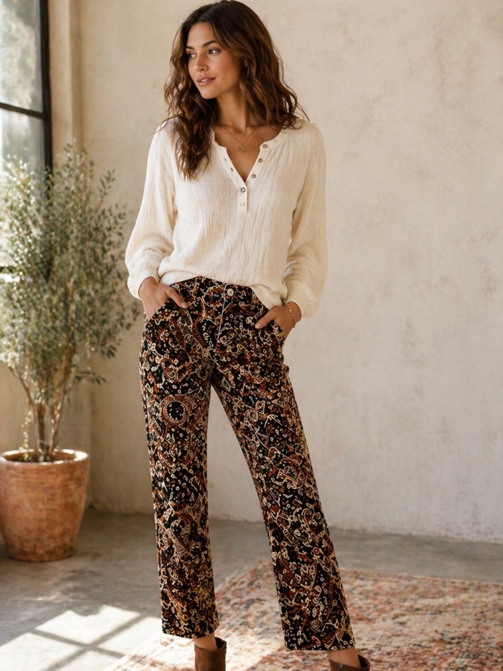 Driftwood Paisley Boho Pants 28 | Cropped Straight Leg Stretch Festival Western